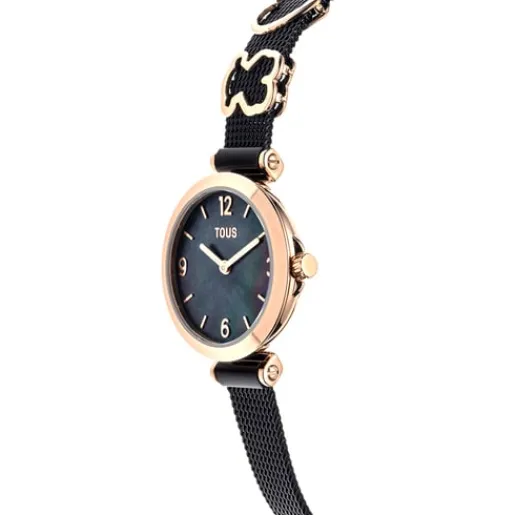 Reloj analógico con brazalete de acero IP negro y acero IPRG rosa Icon Charms^TOUS