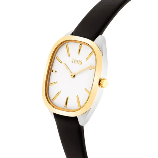 Reloj analógico de acero IPG dorado con correa de piel negra Heritage^TOUS Outlet