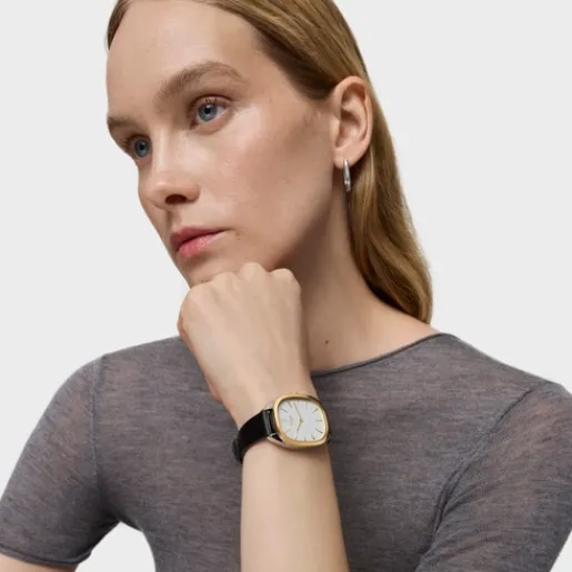 Reloj analógico de acero IPG dorado con correa de piel negra Heritage^TOUS Outlet
