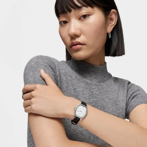 Reloj con movimiento suizo analógico de acero con 0,54 ct en diamantes y brazalete de piel negra Les Classiques^TOUS Clearance