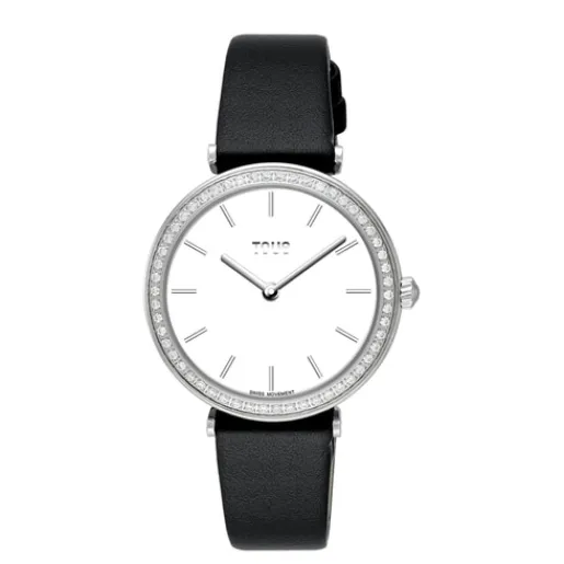 Reloj con movimiento suizo analógico de acero con 0,49 ct en diamantes y brazalete de piel negra Les Classiques^TOUS Online