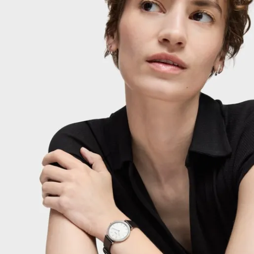 Reloj con movimiento suizo analógico de acero con 0,49 ct en diamantes y brazalete de piel negra Les Classiques^TOUS Online