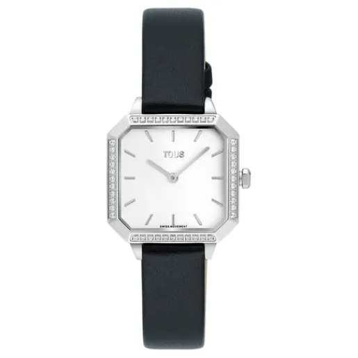 Reloj con movimiento suizo analógico de acero con 0,40 ct en diamantes y brazalete de piel negra Les Classiques^TOUS Hot