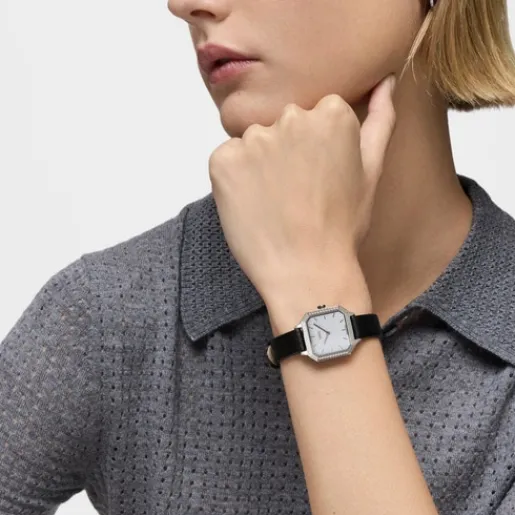 Reloj con movimiento suizo analógico de acero con 0,40 ct en diamantes y brazalete de piel negra Les Classiques^TOUS Hot