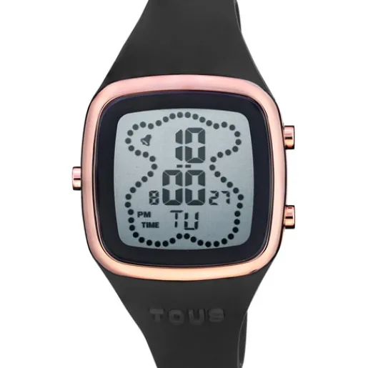 Reloj digital con correa de silicona en color negro y caja de acero IPRG rosado B-Time^TOUS Hot