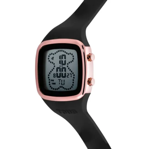Reloj digital con correa de silicona en color negro y caja de acero IPRG rosado B-Time^TOUS Hot