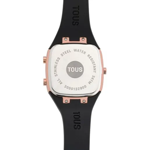 Reloj digital con correa de silicona en color negro y caja de acero IPRG rosado B-Time^TOUS Hot
