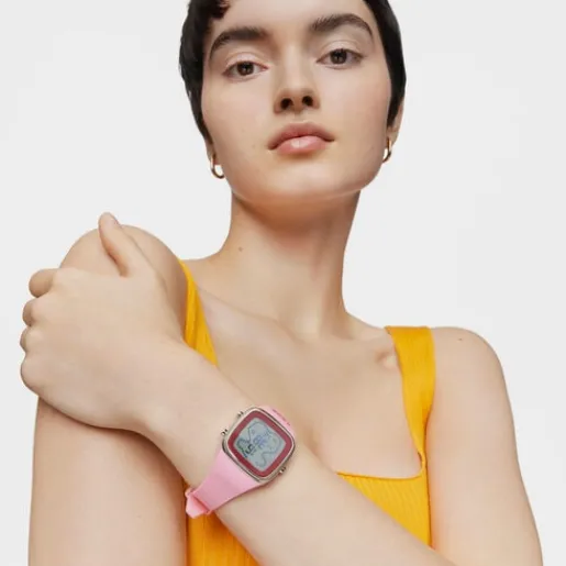 Reloj digital con correa de silicona en color rosa y caja de acero B-Time^TOUS New