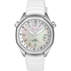 Reloj gmt automático con correa de silicona blanca, caja de acero y esfera de nácar Now^TOUS New